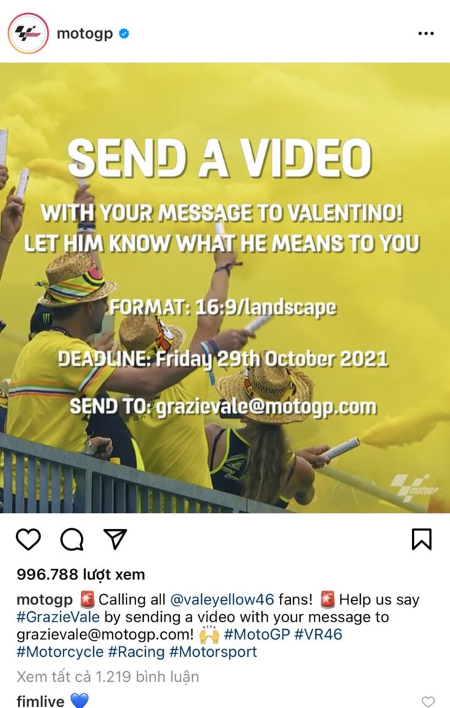  MotoGP kêu gọi chiến dịch cảm ơn Valentino Rossi trên tài khoản Instagram chính thức